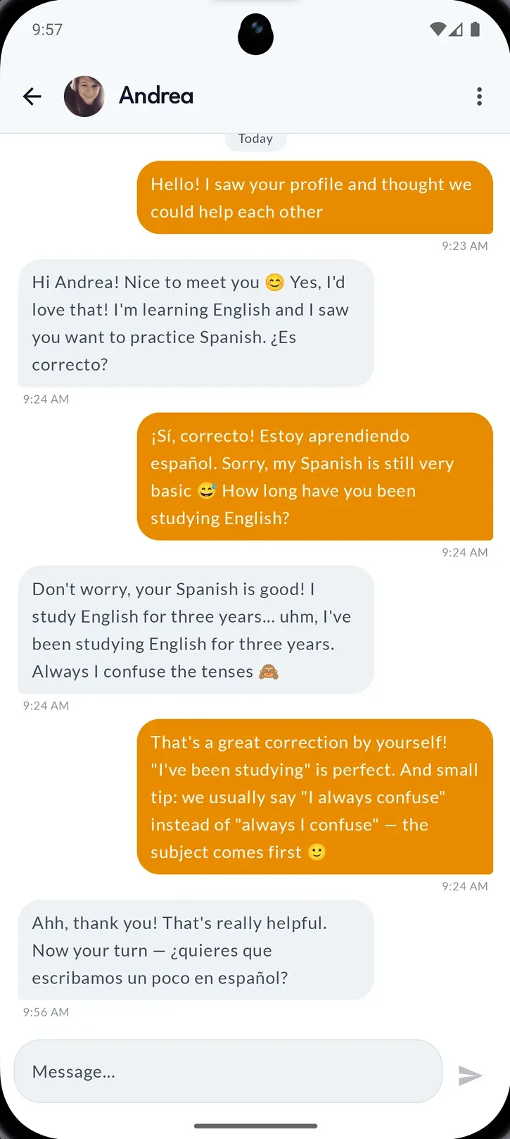 A Talkyo conversation with an in-chat correction
