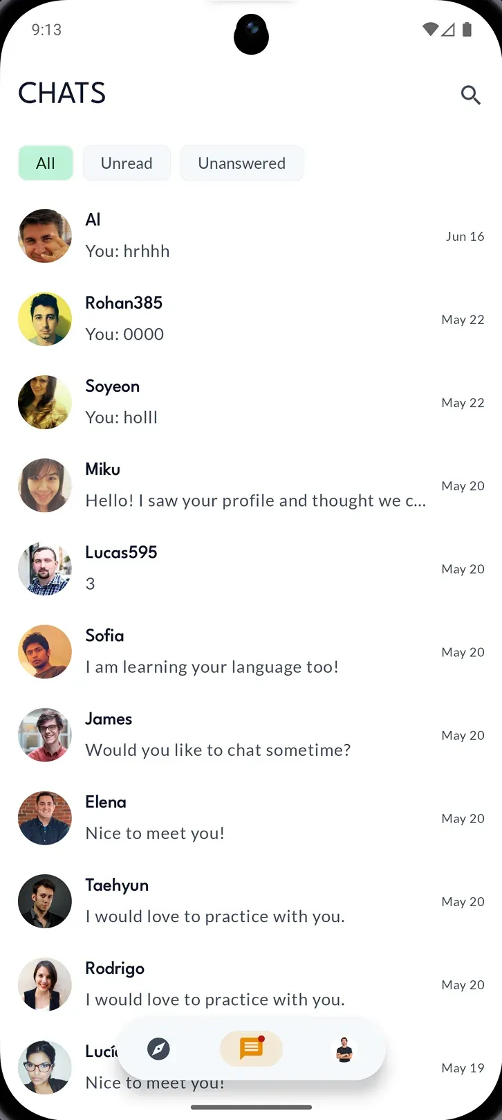 The Talkyo chat list with unread conversations