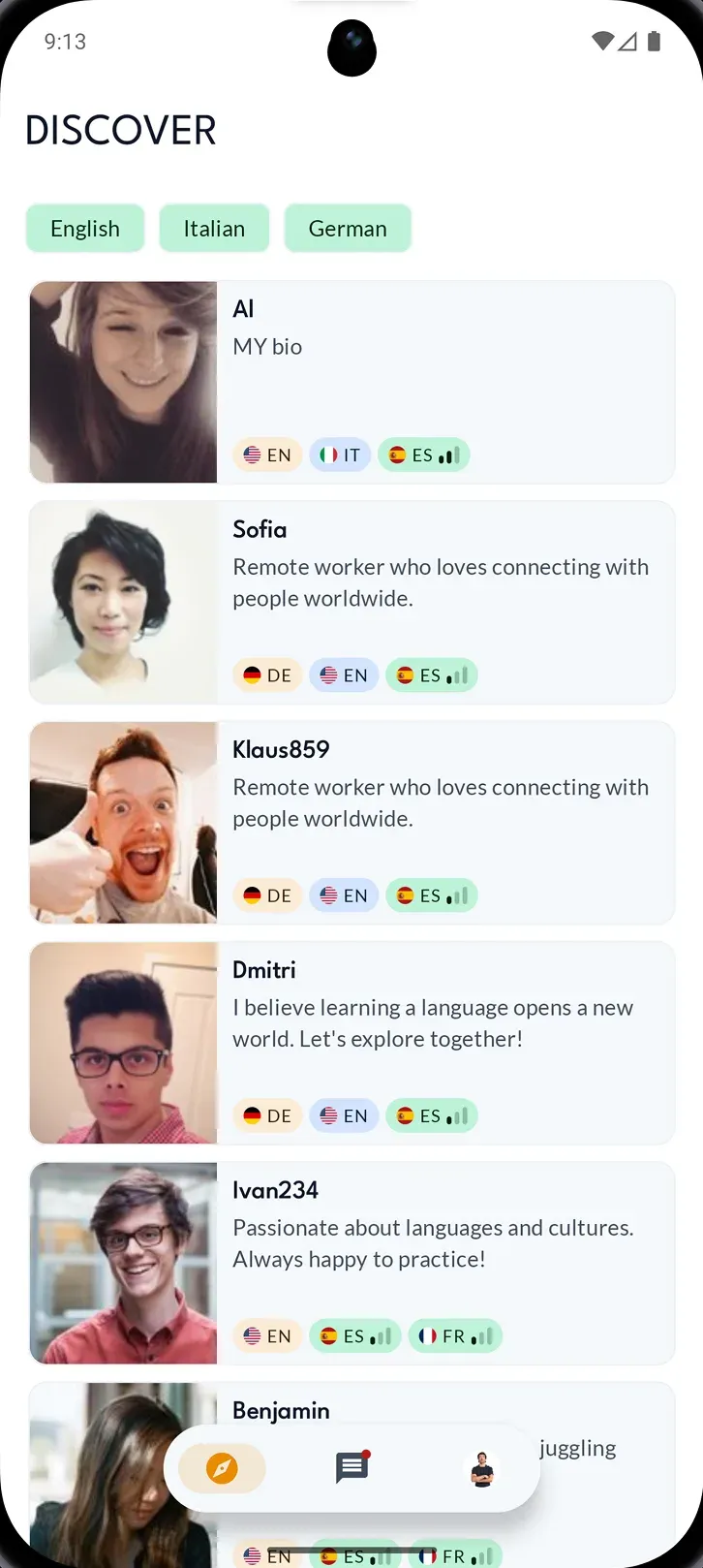 Talkyo discover screen, showing language partners with their native and learning languages