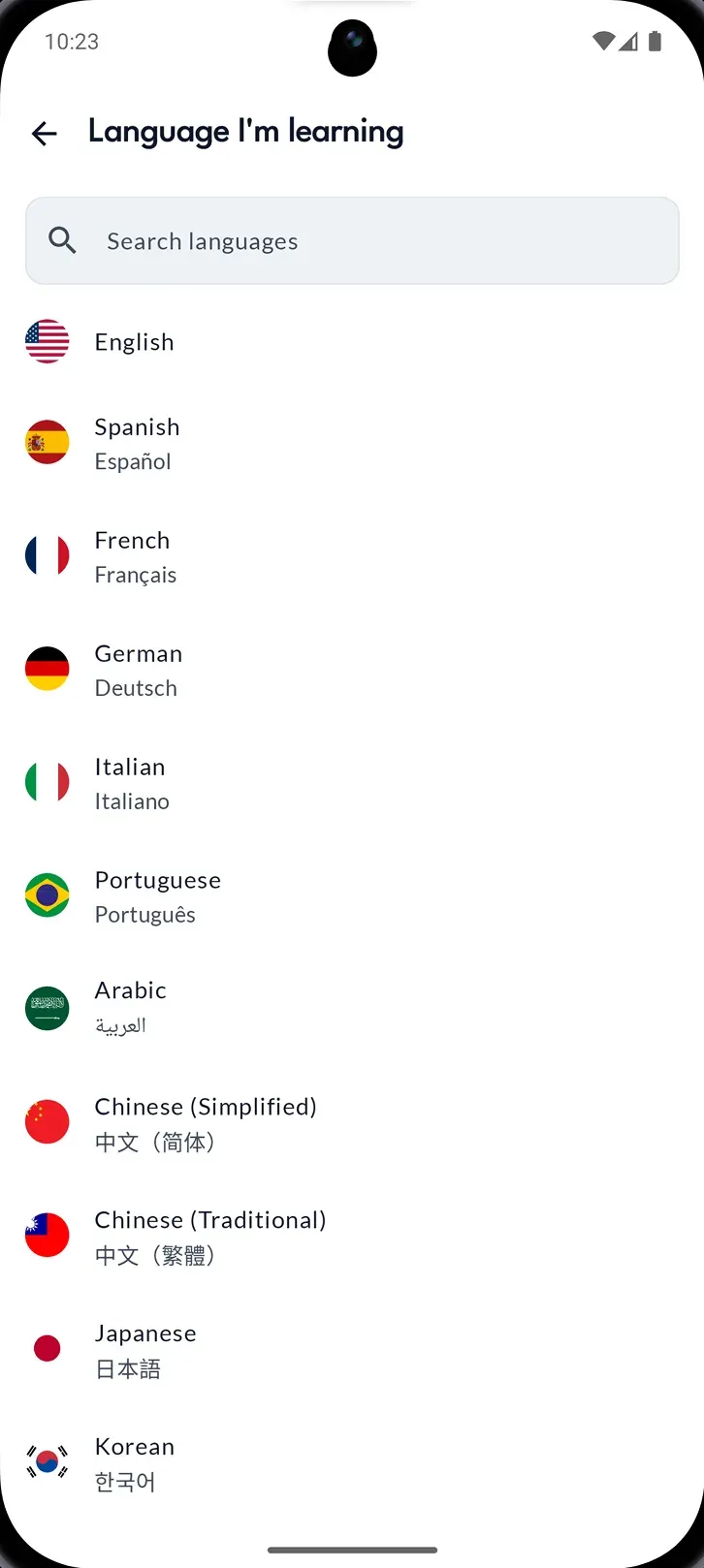 The Talkyo language picker, showing dozens of available languages