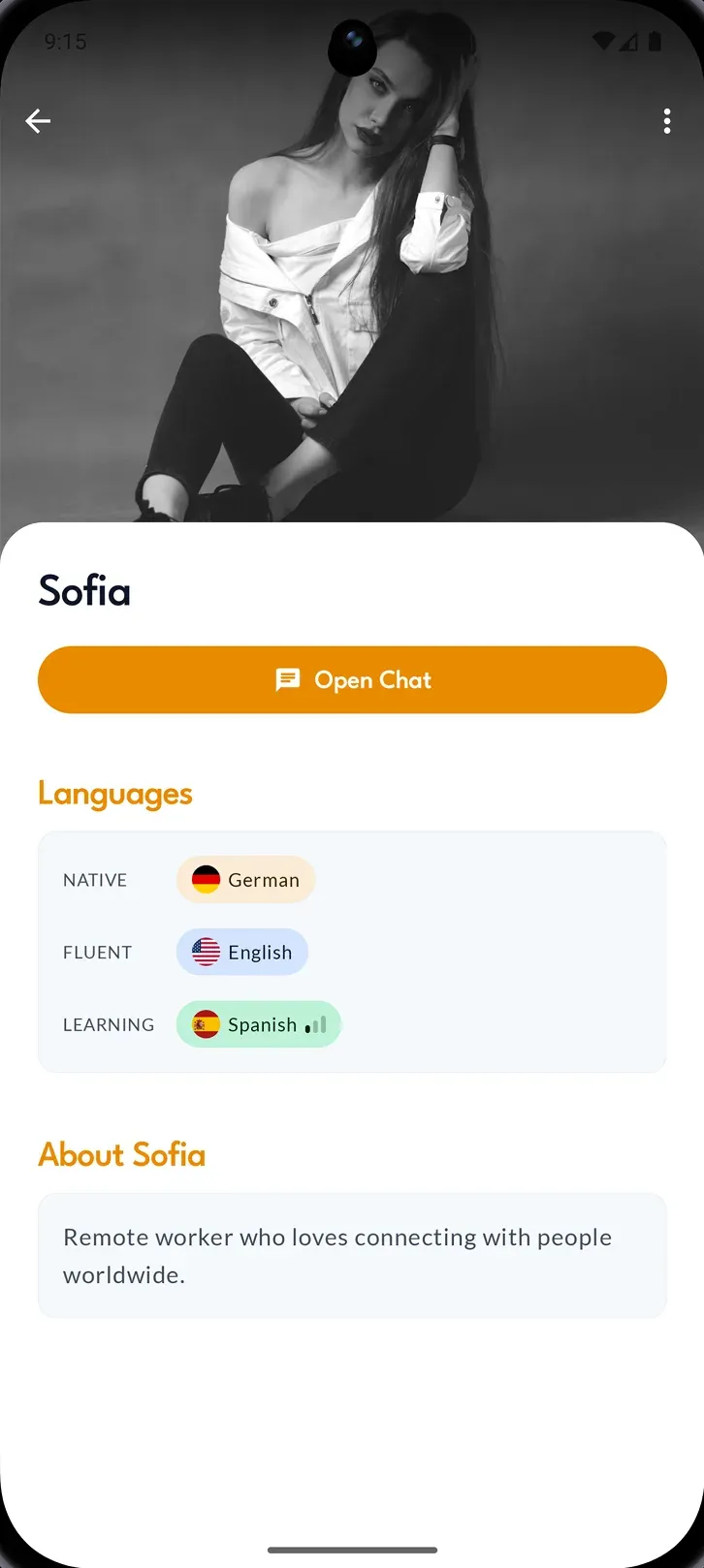 A Talkyo user profile with their languages and bio